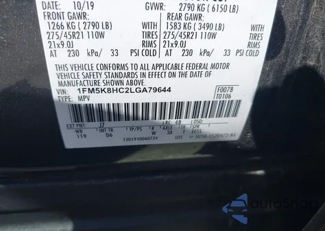 2020 Ford Explorer Platinum z USA, uszkodzony, nr VIN 1FM5K8HC2LGA79644